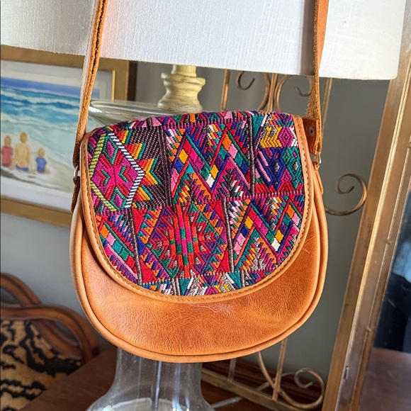 Woven Textile Leather Crossbody Bag Boho Ethnic Southwestern Festival Statement - Picture 4 of 9